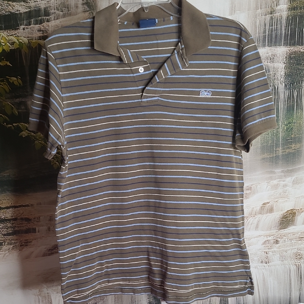Lion Brand Mens Large Green Blue Striped Short Sleeve Classic Polo Shirt